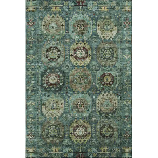 Teal And Brown Medallion Washable Area Rug With UV Protection Photo 4