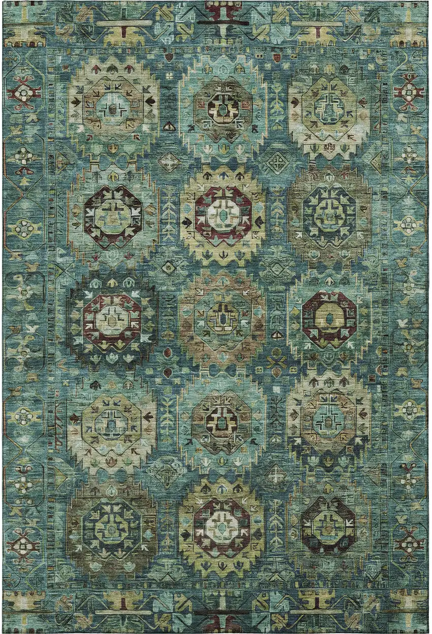 Teal And Brown Medallion Washable Area Rug With UV Protection Photo 4