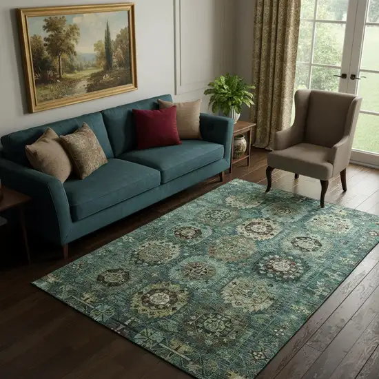 Teal And Brown Medallion Washable Area Rug With UV Protection Photo 2