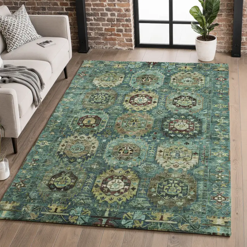 Teal And Brown Medallion Washable Area Rug With UV Protection Photo 5