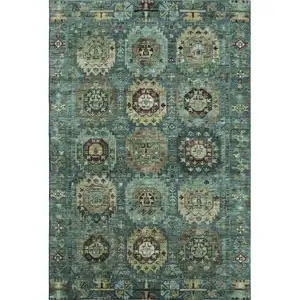 Photo of Teal And Brown Medallion Washable Area Rug With UV Protection