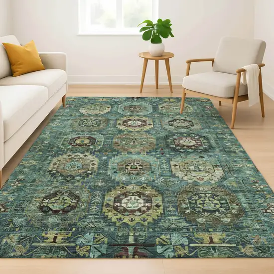 Teal And Brown Medallion Washable Area Rug With UV Protection Photo 6