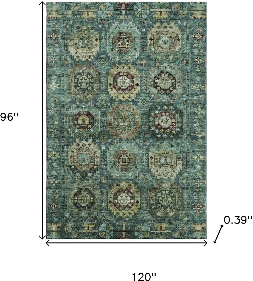 Teal And Brown Medallion Washable Area Rug With UV Protection Photo 8