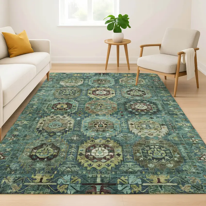 Teal And Brown Medallion Washable Area Rug With UV Protection Photo 5