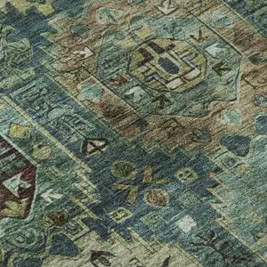Photo of Teal And Brown Medallion Washable Area Rug With UV Protection