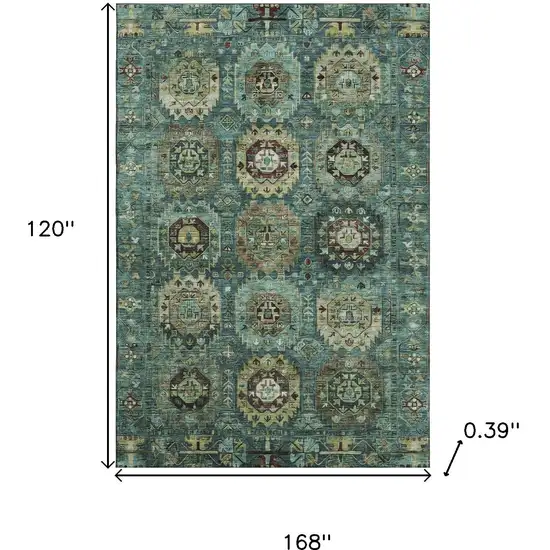 Teal And Brown Medallion Washable Area Rug With UV Protection Photo 9