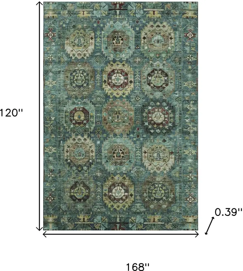 Teal And Brown Medallion Washable Area Rug With UV Protection Photo 9