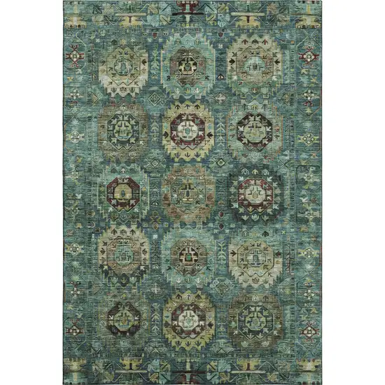 Teal And Brown Medallion Washable Area Rug With UV Protection Photo 1