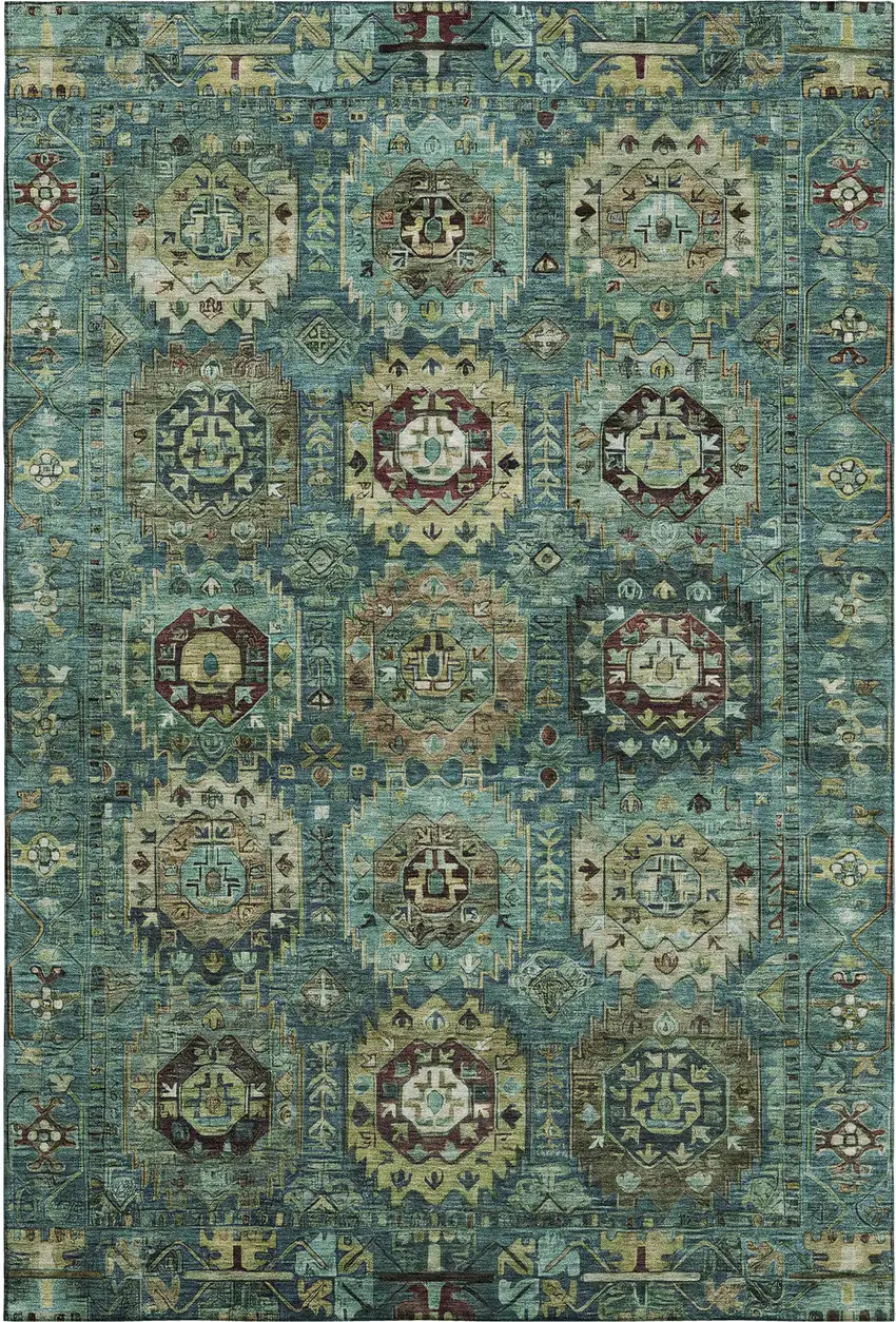 Teal And Brown Medallion Washable Area Rug With UV Protection Photo 1