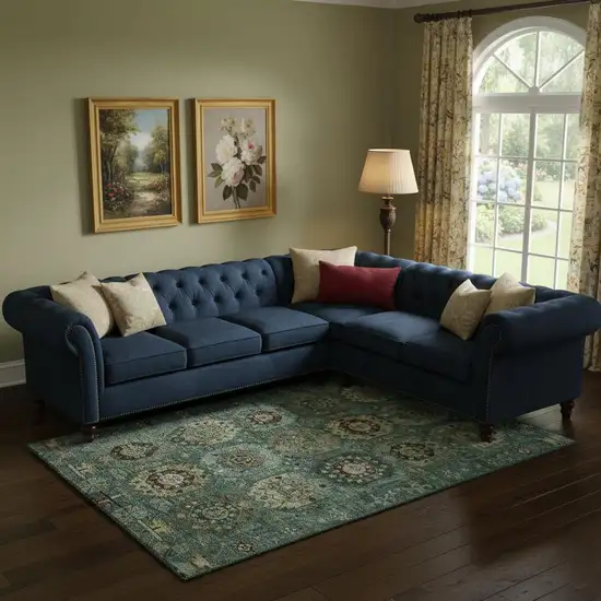 Teal And Brown Medallion Washable Area Rug With UV Protection Photo 2