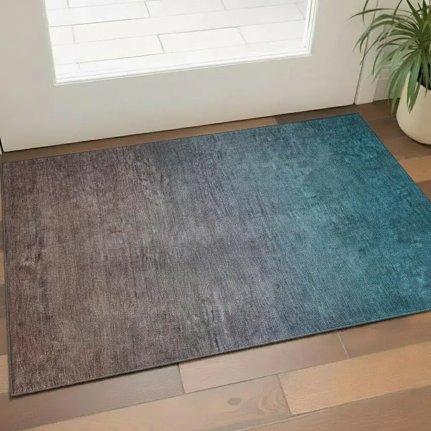 Teal And Brown Ombre Washable Area Rug With UV Protection Photo 1