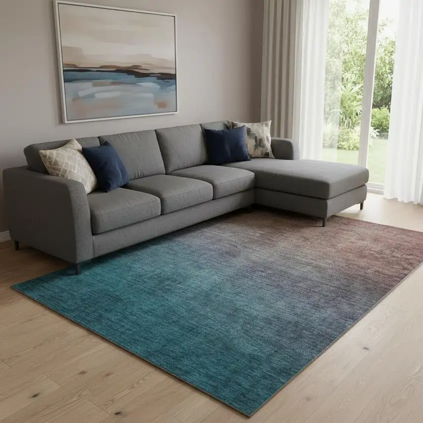 Teal And Brown Ombre Washable Area Rug With UV Protection Photo 1