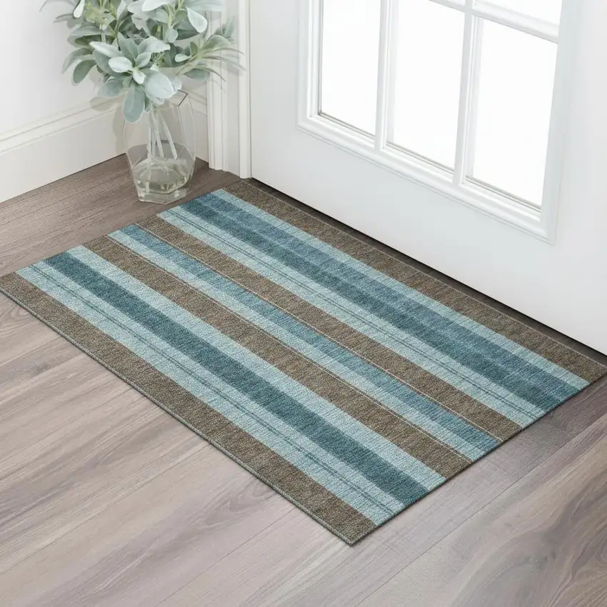 Teal And Brown Striped Washable Area Rug With UV Protection Photo 2