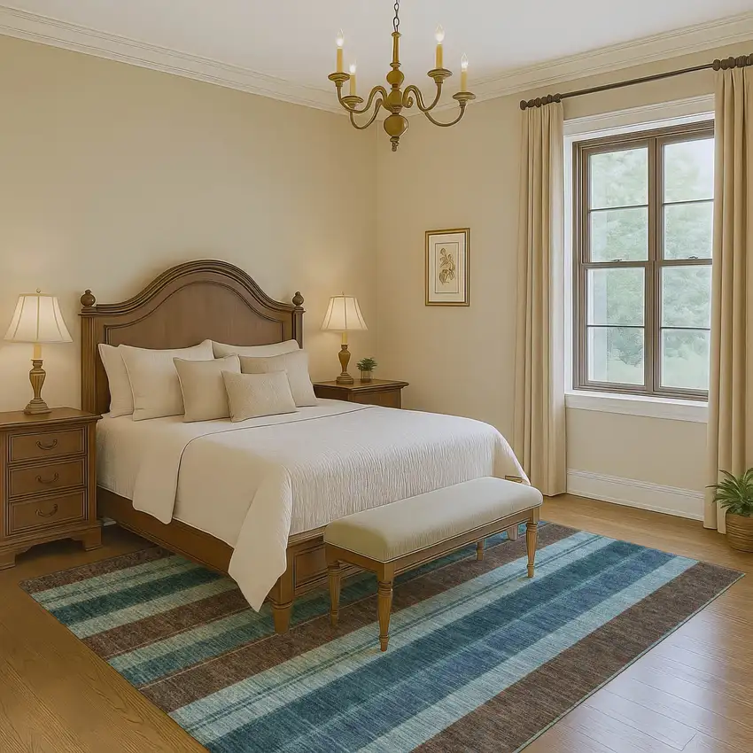 Teal And Brown Striped Washable Area Rug With UV Protection Photo 6