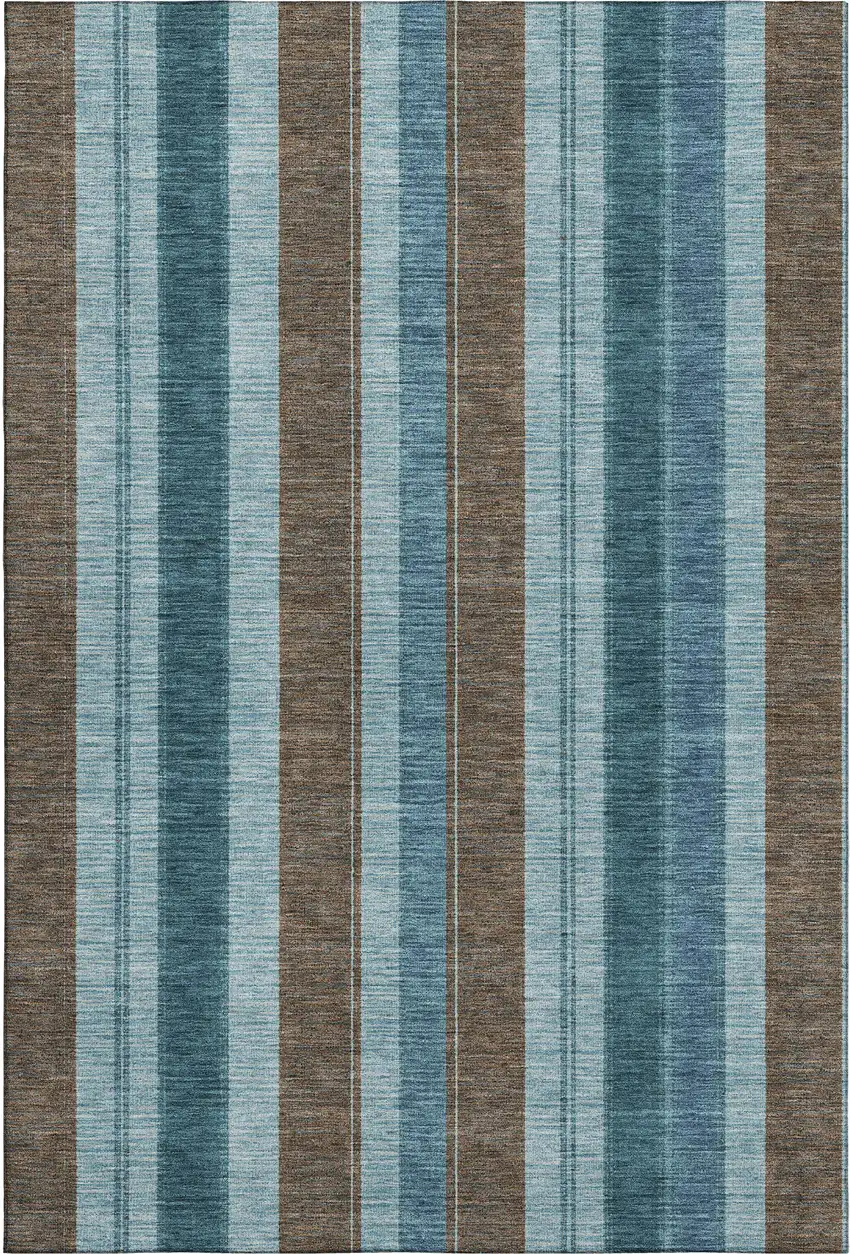 Teal And Brown Striped Washable Area Rug With UV Protection Photo 1