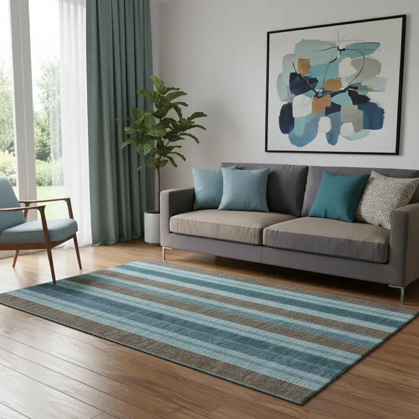 Teal And Brown Striped Washable Area Rug With UV Protection Photo 2