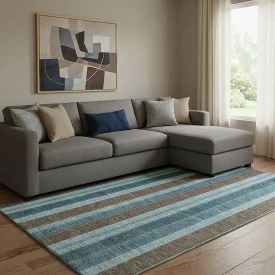 Teal And Brown Striped Washable Area Rug With UV Protection Photo 2