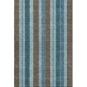 Photo of Teal And Brown Striped Washable Area Rug With UV Protection
