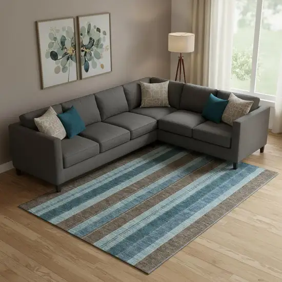 Teal And Brown Striped Washable Area Rug With UV Protection Photo 2