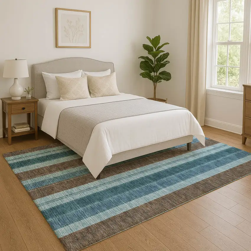 Teal And Brown Striped Washable Area Rug With UV Protection Photo 5