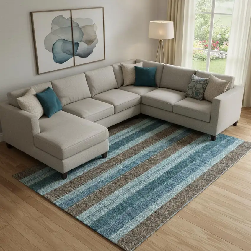 Teal And Brown Striped Washable Area Rug With UV Protection Photo 2