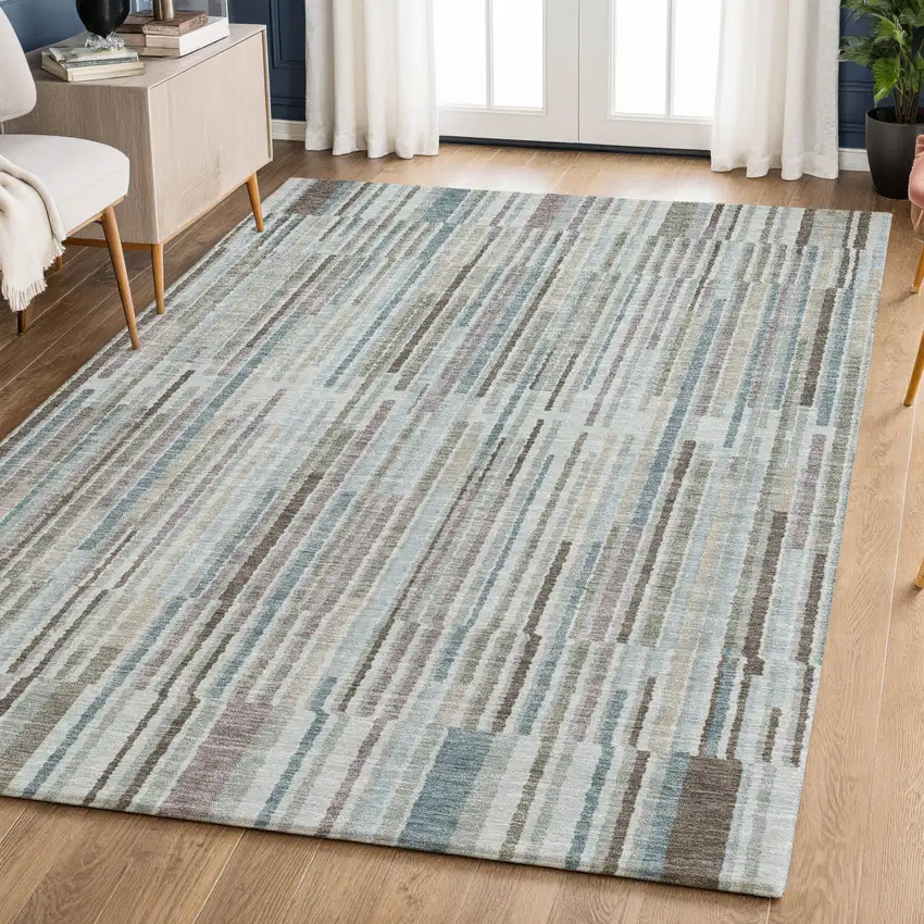Teal And Brown Striped Washable Area Rug With UV Protection Photo 6