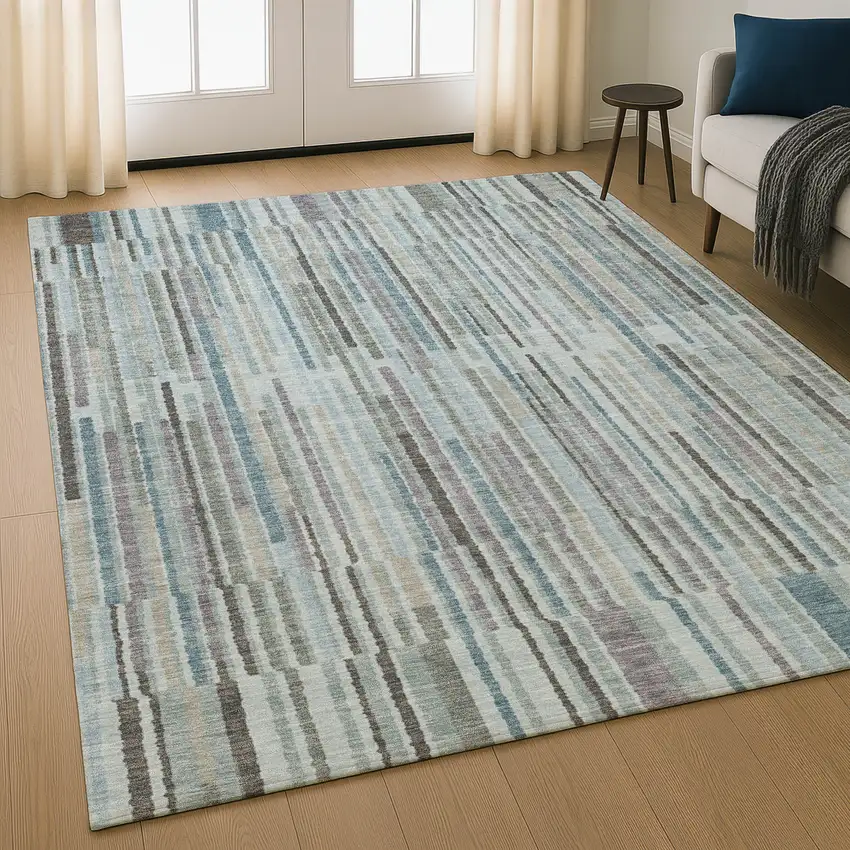 Teal And Brown Striped Washable Area Rug With UV Protection Photo 5
