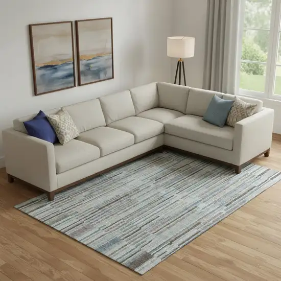 Teal And Brown Striped Washable Area Rug With UV Protection Photo 2