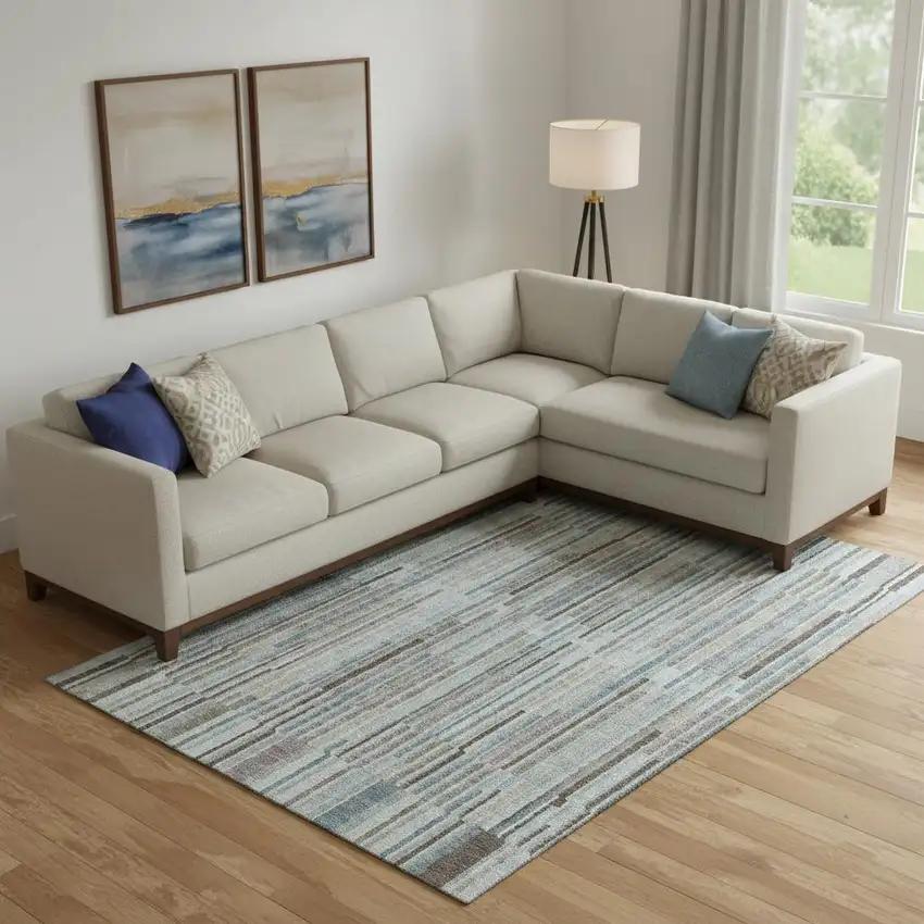 Teal And Brown Striped Washable Area Rug With UV Protection Photo 2