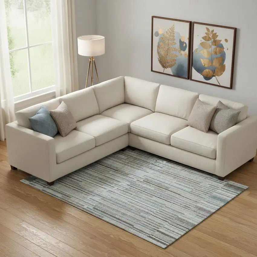 Teal And Brown Striped Washable Area Rug With UV Protection Photo 2