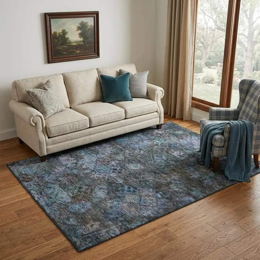 Teal And Charcoal Abstract Geometric Washable Area Rug With UV Protection Photo 1