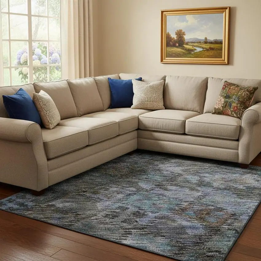 Teal And Charcoal Abstract Geometric Washable Area Rug With UV Protection Photo 2