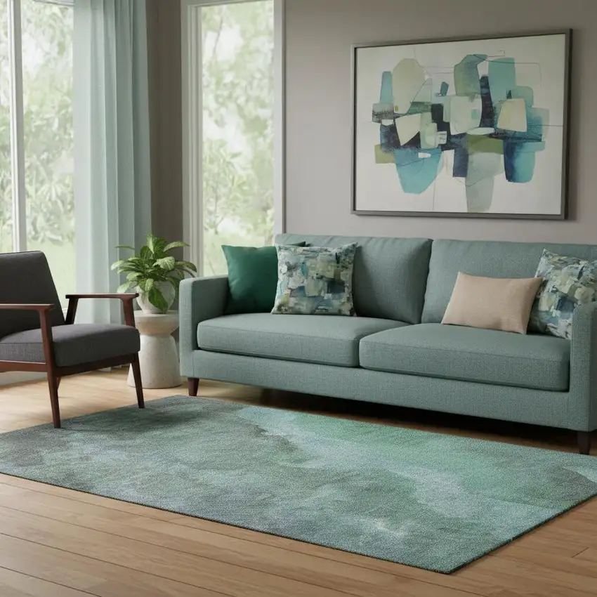 Teal And Charcoal Abstract Washable Area Rug With UV Protection Photo 2