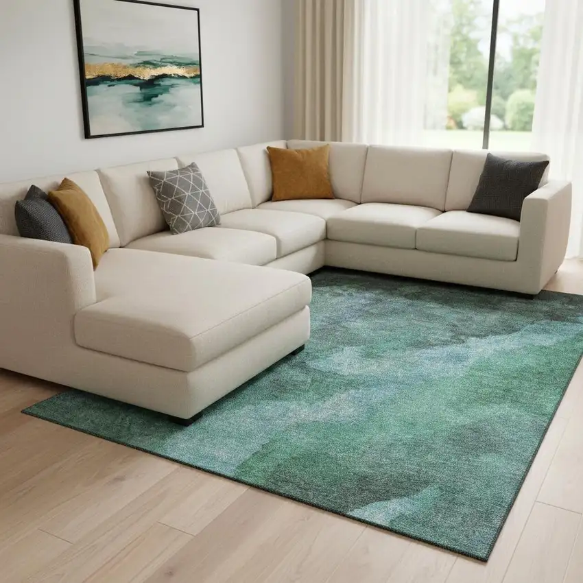 Teal And Charcoal Abstract Washable Area Rug With UV Protection Photo 2