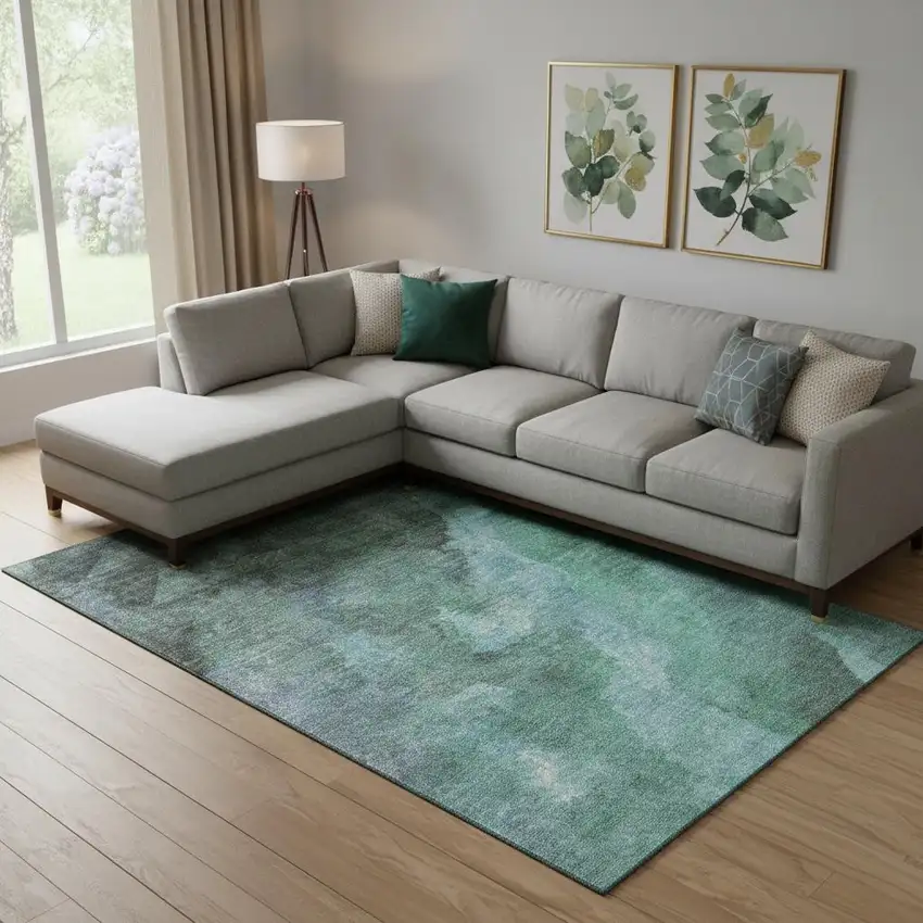Teal And Charcoal Abstract Washable Area Rug With UV Protection Photo 2