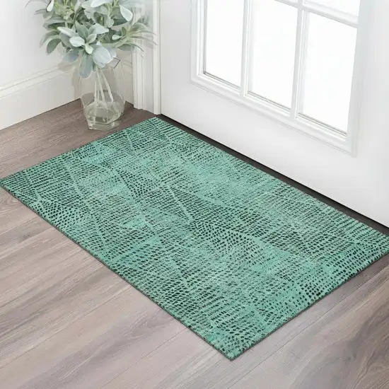 Teal And Charcoal Diamond Washable Area Rug With UV Protection Photo 1