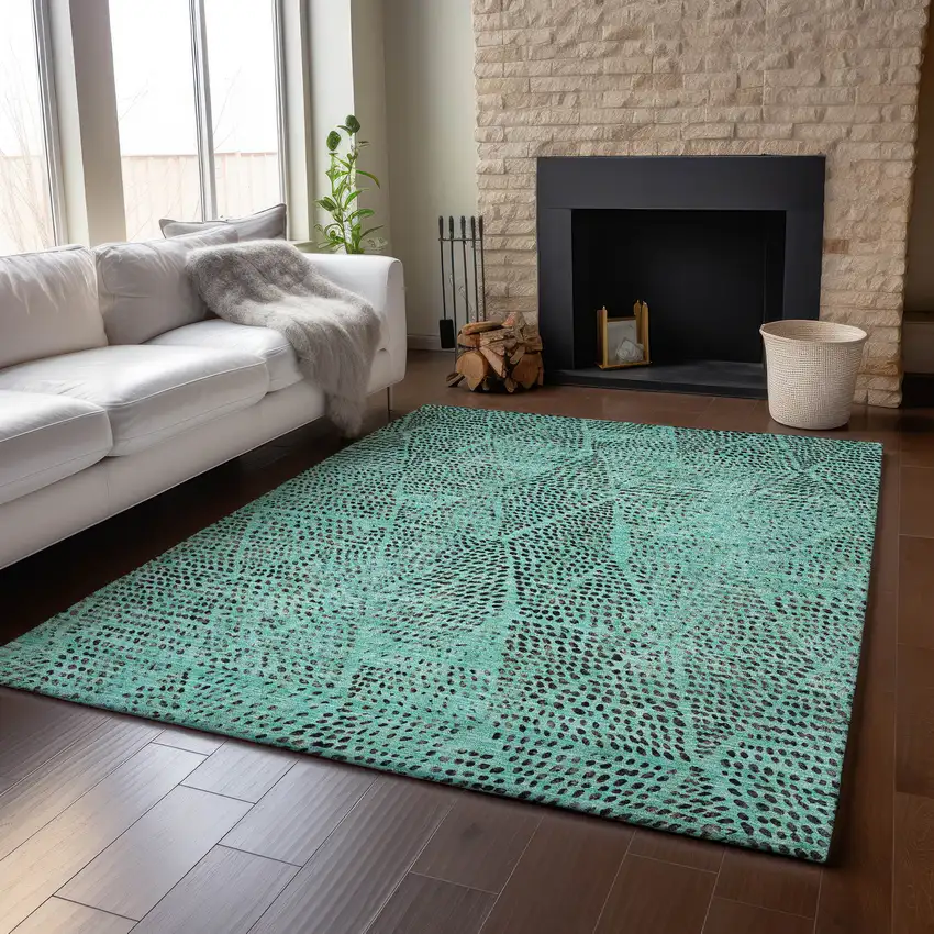 Teal And Charcoal Diamond Washable Area Rug With UV Protection Photo 4