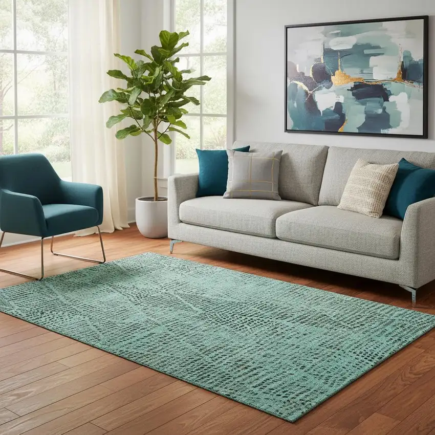 Teal And Charcoal Diamond Washable Area Rug With UV Protection Photo 1