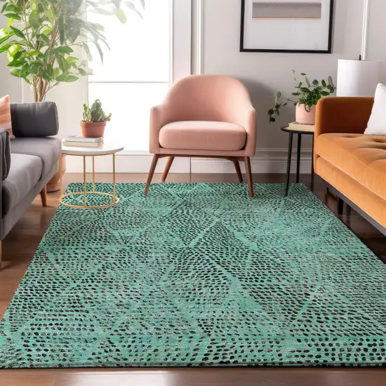 Teal And Charcoal Diamond Washable Area Rug With UV Protection Photo 4