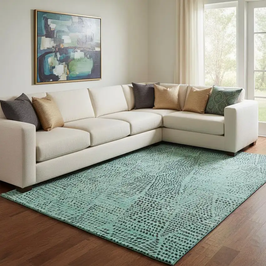 Teal And Charcoal Diamond Washable Area Rug With UV Protection Photo 1
