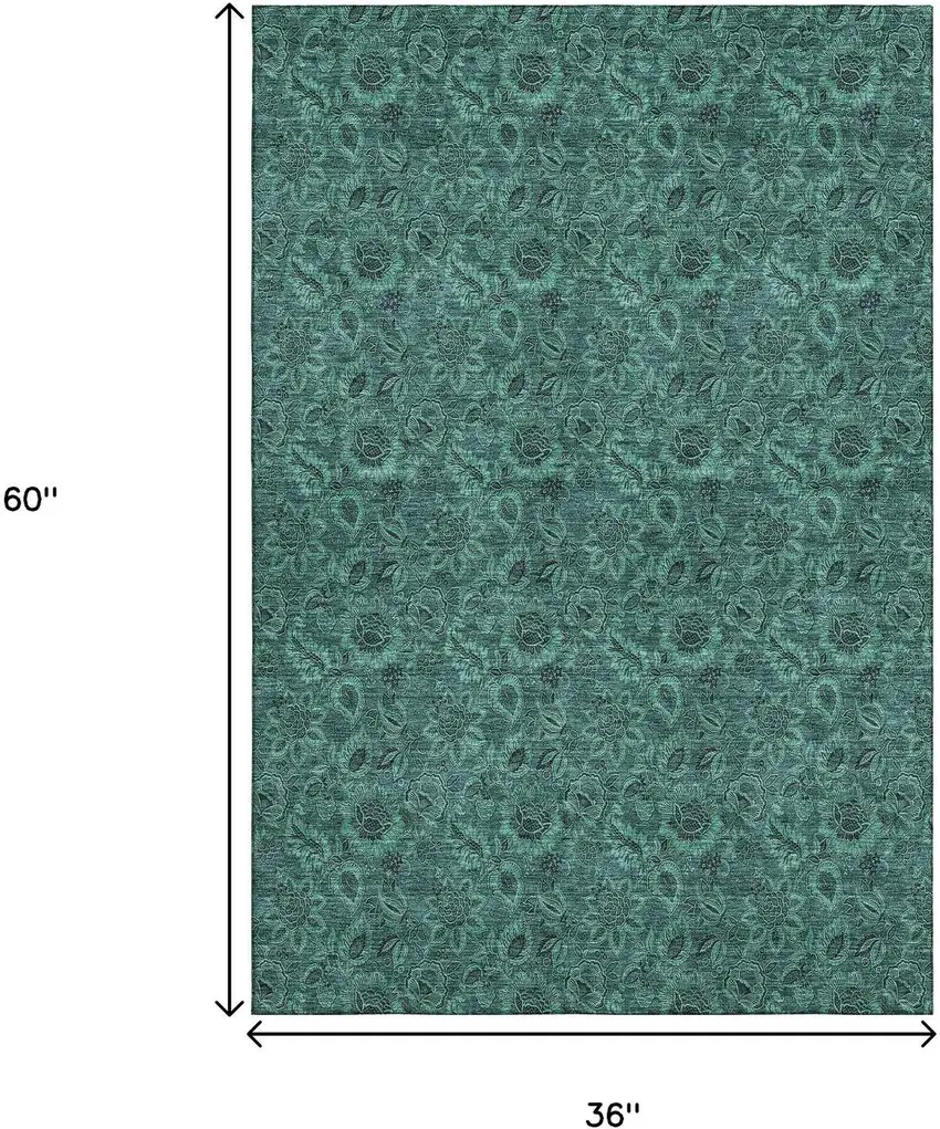 Teal And Charcoal Floral Washable Area Rug With UV Protection Photo 5