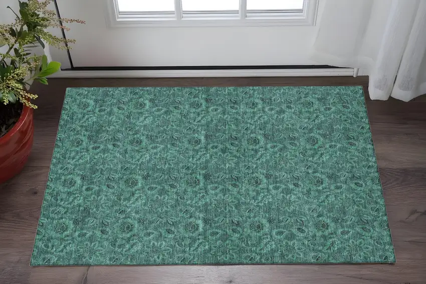 Teal And Charcoal Floral Washable Area Rug With UV Protection Photo 2