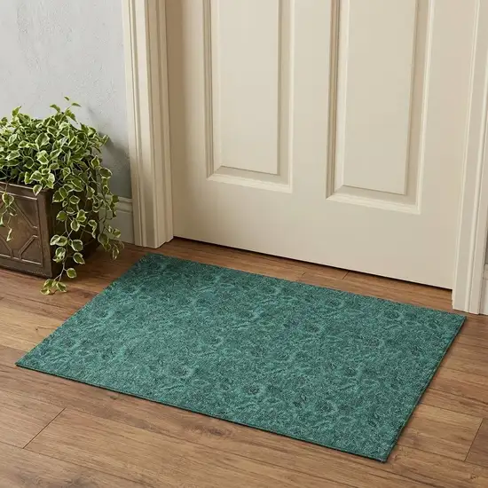 Teal And Charcoal Floral Washable Area Rug With UV Protection Photo 1