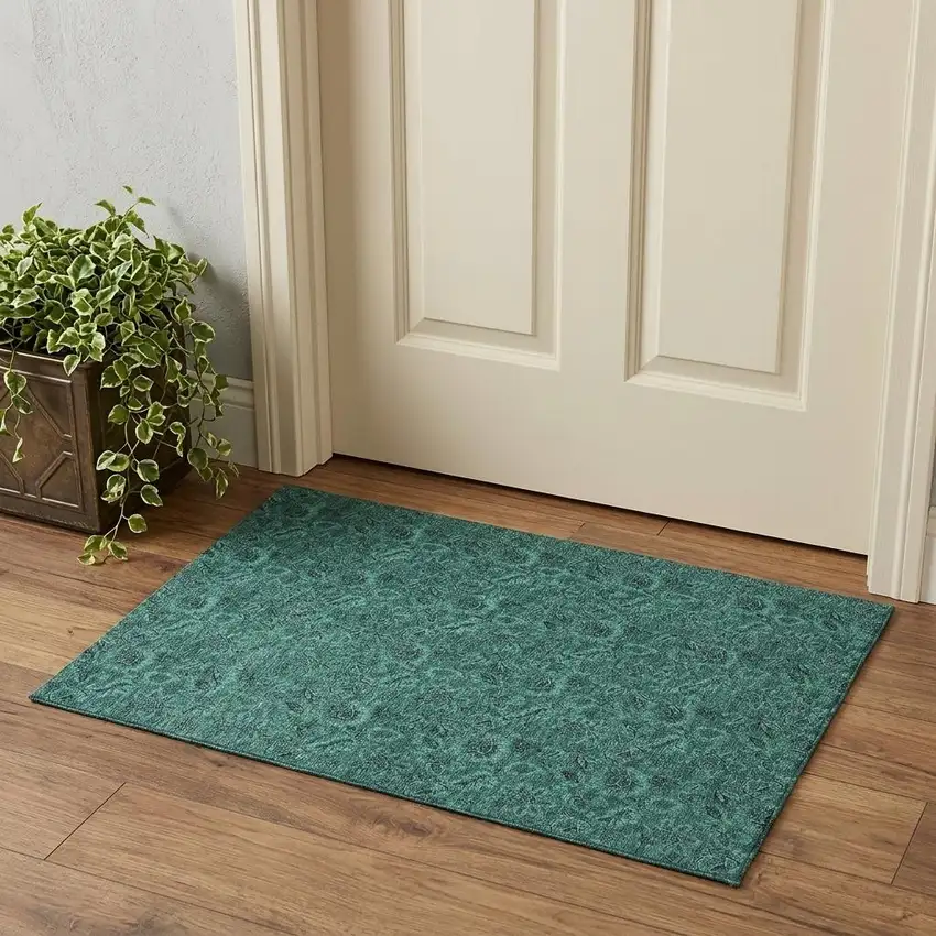 Teal And Charcoal Floral Washable Area Rug With UV Protection Photo 1