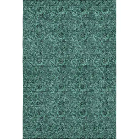 Teal And Charcoal Floral Washable Area Rug With UV Protection Photo 1