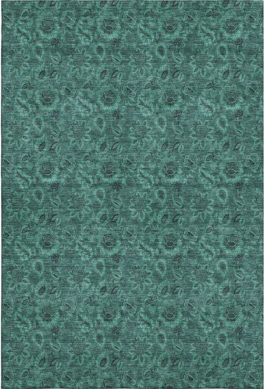 Teal And Charcoal Floral Washable Area Rug With UV Protection Photo 1
