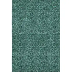Photo of Teal And Charcoal Floral Washable Area Rug With UV Protection