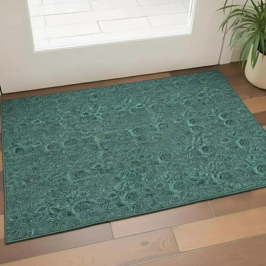Teal And Charcoal Floral Washable Area Rug With UV Protection Photo 1
