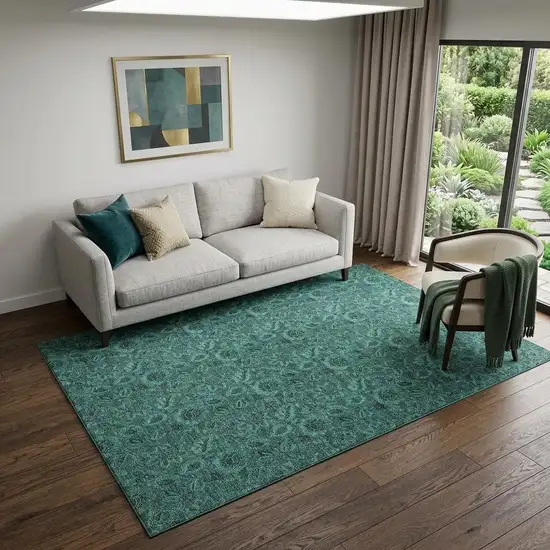 Teal And Charcoal Floral Washable Area Rug With UV Protection Photo 1