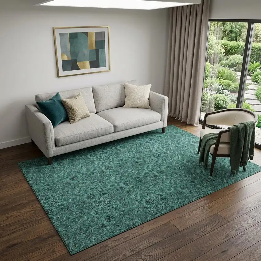 Teal And Charcoal Floral Washable Area Rug With UV Protection Photo 1